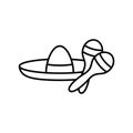 Mexican sombrero with maracas. Line art icon of traditional attributes fun. Black simple accessory illustration. Contour isolated