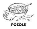 Mexican soup pozole and peppers. Hand drawn outline vector sketch illustration