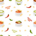 Mexican soups. Seamless pattern with traditional Tomato Soup with tortilla chips and green soup with avocado on white