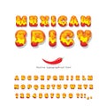 Mexican spicy cartoon font. Hot chili pepper burn decorative letters and numbers set isolated on white. Restaurant menu