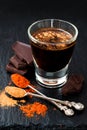 Mexican spicy hot chocolate with chili pepper and cinnamon Royalty Free Stock Photo