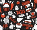 Mexican street food. Hand drawn illustration and lettering with different mexican food and symbols.