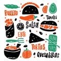 Mexican street food. Hand drawn vector illustration and lettering, isolated on white. Royalty Free Stock Photo