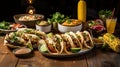 A mexican street food table with tacos and elote