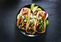 Mexican street tacos flat lay composition with pork carnitas, avocado, onion, cilantro, and red cabbage