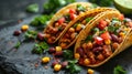 mexican street tacos flat lay composition with pork carnitas, avocado, onion, cilantro Royalty Free Stock Photo