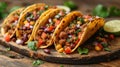 mexican street tacos flat lay composition with pork carnitas, avocado, onion, cilantro Royalty Free Stock Photo