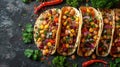 mexican street tacos flat lay composition with pork carnitas, avocado, onion, cilantro Royalty Free Stock Photo