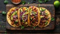 mexican street tacos flat lay composition with pork carnitas, avocado, onion, cilantro Royalty Free Stock Photo