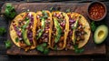 mexican street tacos flat lay composition with pork carnitas, avocado, onion, cilantro Royalty Free Stock Photo