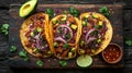 mexican street tacos flat lay composition with pork carnitas, avocado, onion, cilantro Royalty Free Stock Photo