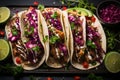 Mexican street tacos flat lay with pork carnitas, avocado, onion, cilantro, and red cabbage Royalty Free Stock Photo