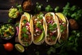 Mexican street tacos flat lay with pork carnitas, avocado, onion, cilantro, and red cabbage Royalty Free Stock Photo