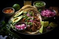 Mexican street tacos flat lay with pork carnitas, avocado, onion, cilantro, red cabbage Royalty Free Stock Photo