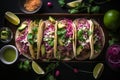 Mexican street tacos flat lay with pork carnitas, avocado, onion, cilantro, and red cabbage Royalty Free Stock Photo