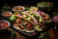 Mexican street tacos flat lay with pork carnitas, avocado, onion, cilantro, red cabbage Royalty Free Stock Photo