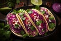 Mexican street tacos flat lay with pork carnitas, avocado, onion, cilantro, red cabbage Royalty Free Stock Photo