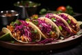 Mexican street tacos flat lay with pork carnitas, fresh avocado, onion, cilantro, and red cabbage Royalty Free Stock Photo