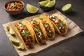 Mexican Street Tacos with miced meat, fresh cilantro, tomato and lime wedges on marble surface, spicey street Mexican food