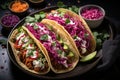 Mexican street tacos with pork carnitas, avocado, onion, cilantro, and red cabbage flat lay Royalty Free Stock Photo
