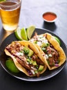 Mexican street tacos with pork carnitas, red cabbage, cilantro and onion Royalty Free Stock Photo