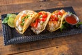 Mexican Street Tacos With Shrimp, Rice And Salsa In Yellow Corn Royalty Free Stock Photo