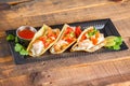 Mexican Street Tacos With Shrimp, Rice And Salsa In Yellow Corn Royalty Free Stock Photo