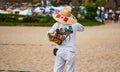 Mexican street vendor selling straw handbags and hats on the waterfront, Malecon, in Puerto Vallarta, Mexico, 2020 Royalty Free Stock Photo