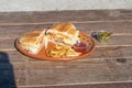 Mexican style Hawaiian torta with French fries and tomato sauce mexican burger Royalty Free Stock Photo