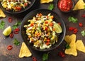 Mexican style salad of black beans, lentils, corn, tomato and lettuce with a salsa and tortilla chips Royalty Free Stock Photo