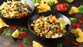 Mexican style salad of black beans, lentils, corn, tomato and lettuce with a salsa and tortilla chips Royalty Free Stock Photo