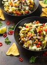 Mexican style salad of black beans, lentils, corn, tomato and lettuce with a salsa and tortilla chips Royalty Free Stock Photo