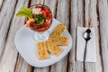 a Mexican-style shrimp cocktail with avocado, onion Royalty Free Stock Photo