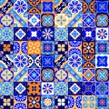 Mexican stylized talavera tiles seamless pattern in blue orange and white, vector Royalty Free Stock Photo