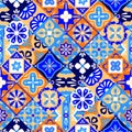 Mexican stylized talavera tiles seamless pattern in blue orange and white, vector Royalty Free Stock Photo