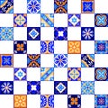 Mexican stylized talavera tiles seamless pattern in blue orange and white, vector