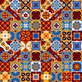 Mexican stylized talavera tiles seamless pattern in blue red and yellow, vector Royalty Free Stock Photo