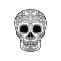 Mexican Sugar Skull With Floral Ornament, Day Of The Death Black And White Vector Illustration