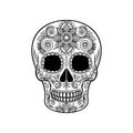 Mexican Sugar Skull With Floral Ornament, Day Of The Death Black And White Vector Illustration