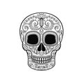 Mexican Sugar Skull With Floral Pattern, Dia De Muertos Black And White Vector Illustration