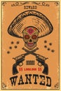 Mexican sugar skull in sombrero with crossed revolvers on grunge background. Design element for poster, card, banner Royalty Free Stock Photo