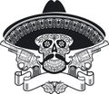 Mexican Sugar Skull With Sombrero, Roses, Guns And Banner