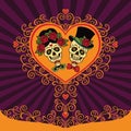 Mexican sugar skulls with heart and ornament. Dia de los Muertos