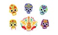 Mexican sugar skulls set, Day of the dead, Mexican cultural symbols vector Illustration Royalty Free Stock Photo