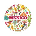 Mexican symbols. Circle shape with various colored pictures of mexican icons