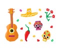 Mexican Symbols with Guitar, Sombrero Hat, Chili Pepper and Skull Vector Set Royalty Free Stock Photo