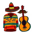 Mexican symbols - poncho, sombrero and guitar