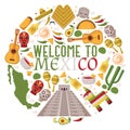 Mexican symbols in round frame composition, vector illustration. Welcome to Mexico sightseeing tour, visit historic