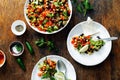 Mexican taco salad wooden table top view Royalty Free Stock Photo