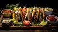 Mexican Tacos al pastor, traditional food. Variety of fillings and sauces Royalty Free Stock Photo